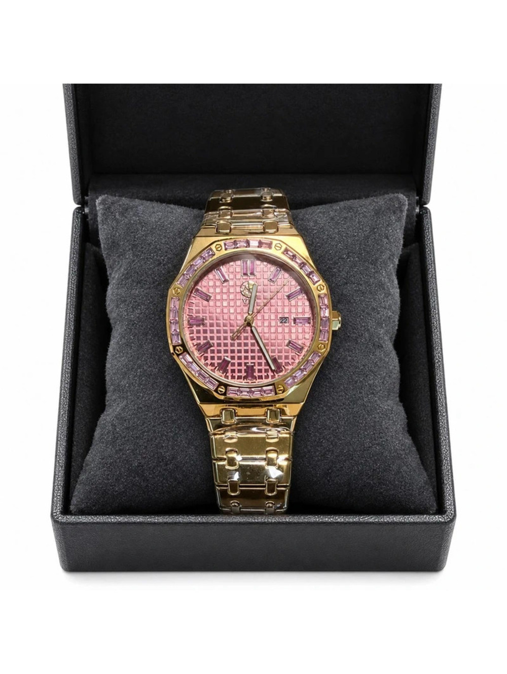 #826 Pink Crystal Dial Gold Tone Watch 43mm NWT Box
